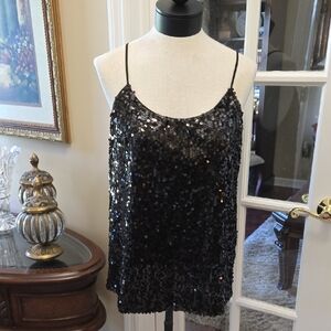 QMack Black Sequin Camisole Top Adjustable Spaghetti Straps Size Large EUC